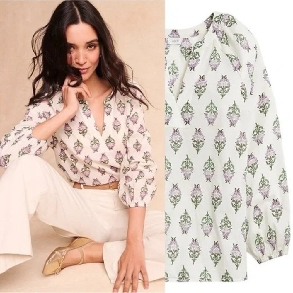 J Crew LG Bohemian India Block Print Printed Popover Blouse Boho Lightweight